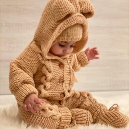 Adorable 3-Piece Handmade Hooded Knitted Baby Romper Set with Hat and Shoes